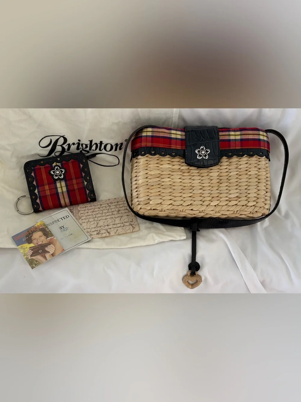 BRIGHTON LEATHER - PLAID - STRAW PURSE W/ MATCHING WALLET SET POPPY WOW! GREAT!